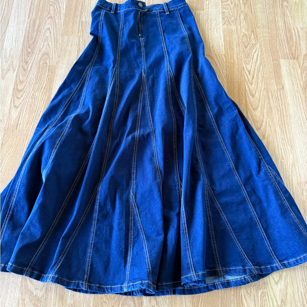 Rodeo Quincy Long Denim Skirt with Stitch Detail